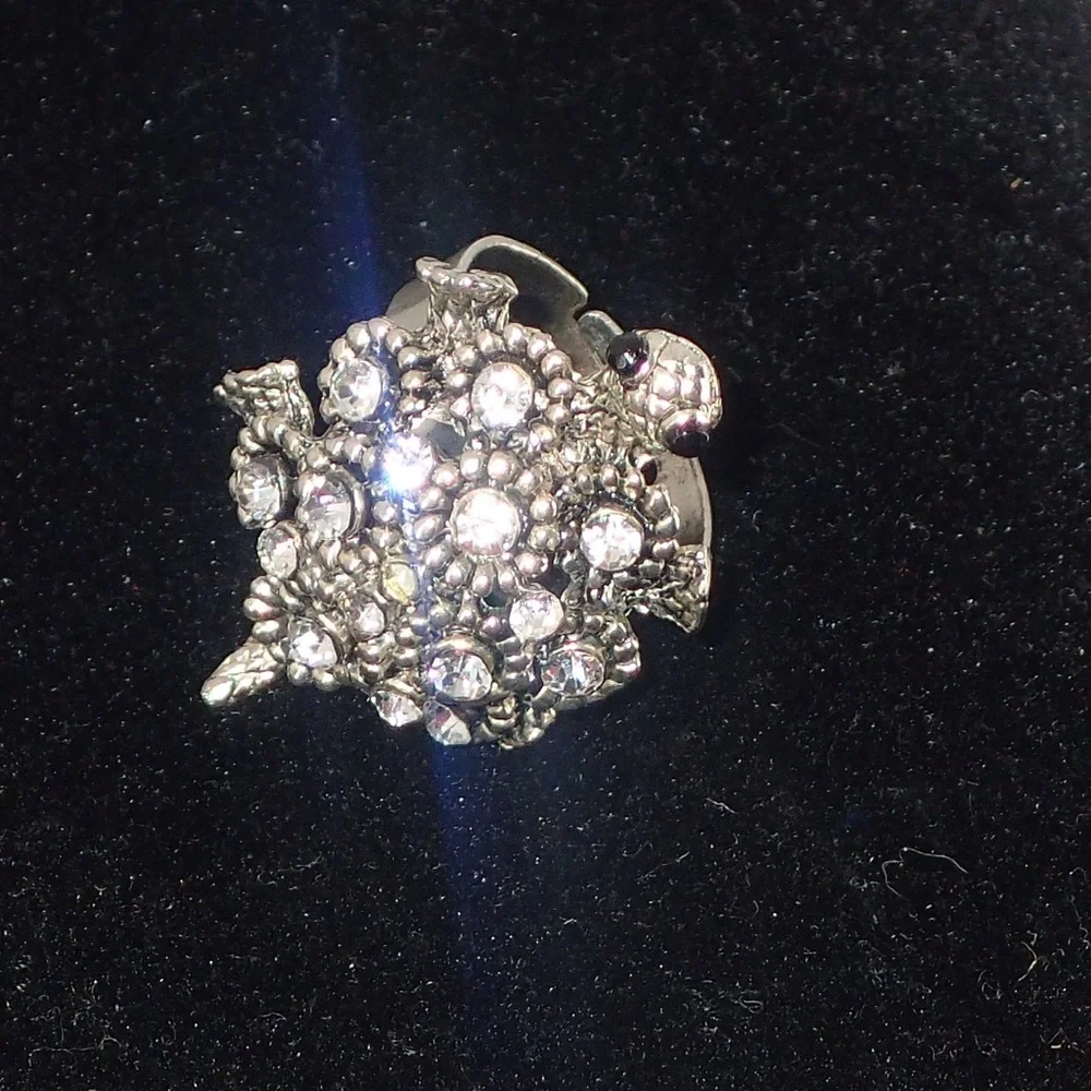 Vintage Ring Crystal Turtle Silver Adjustable Band Size 7 A Statement Piece Rare
